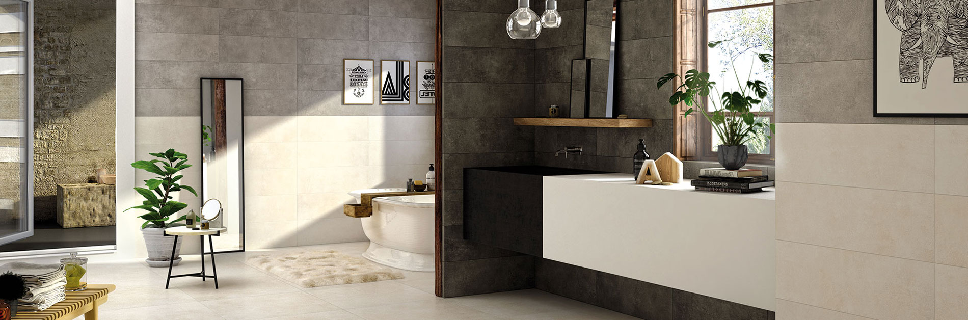 Fliesen in unterschiedlichen Farben im Schlafbereich, im Bad und auf der Terrasse